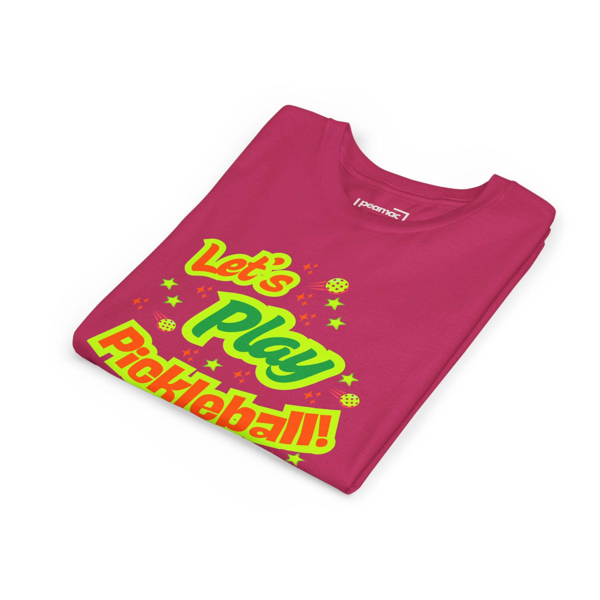 Youth neon pickleball graphic shirt for kids from Printify featuring colorful pickleball design on a casual tee.