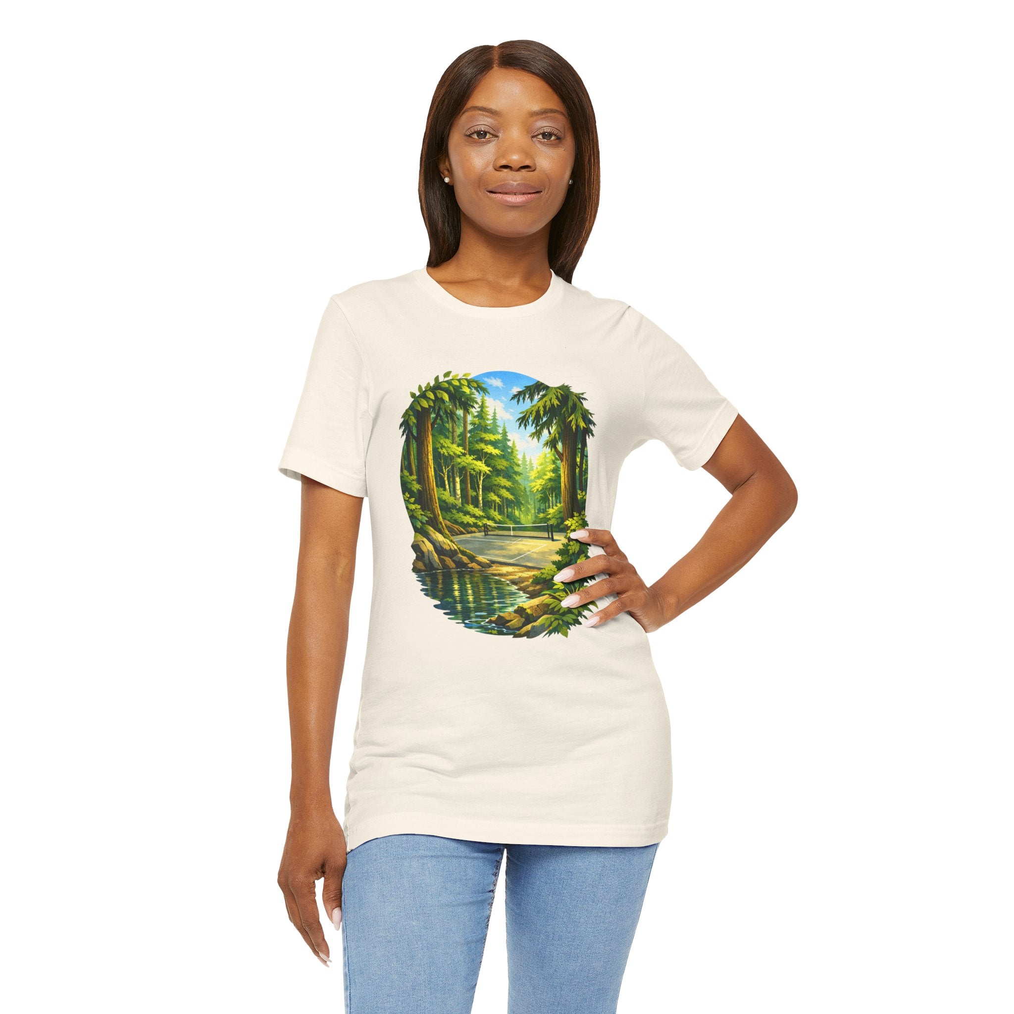 Unisex Hidden Forest Pickleball T-Shirt featuring a Bainbridge Island tribute design, made by Printify, displayed on a plain background.