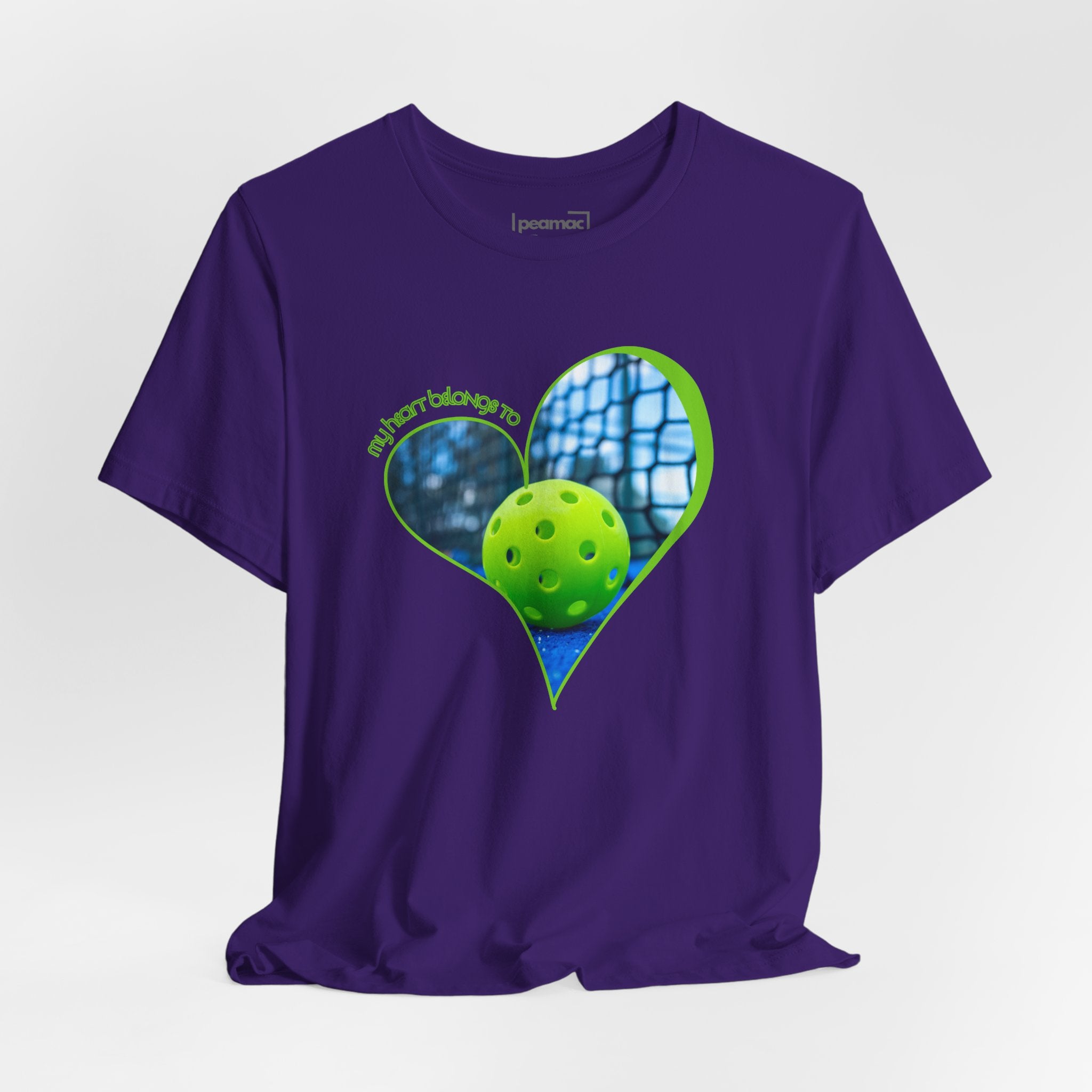 White pickleball T-shirt for players and fans with "My Heart Belongs to Pickleball" printed on the front, casual and comfortable.