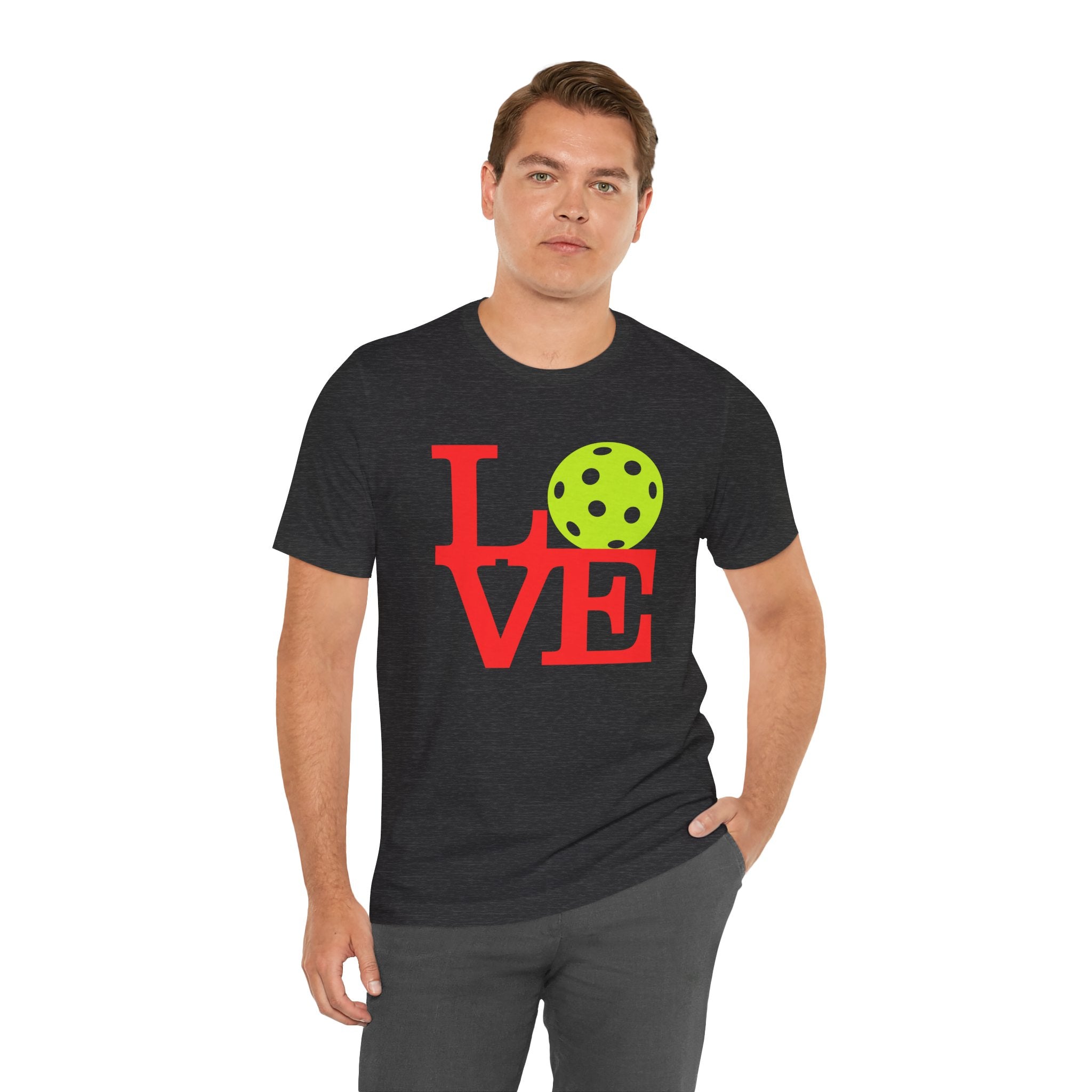 Neon pop art LOVE pickleball T-shirt from Printify featuring vibrant graphic design and comfortable fit.