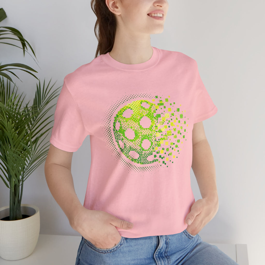Green Pixelated Pickleball Tee featuring retro court graphic, casual T-shirt style by Printify.