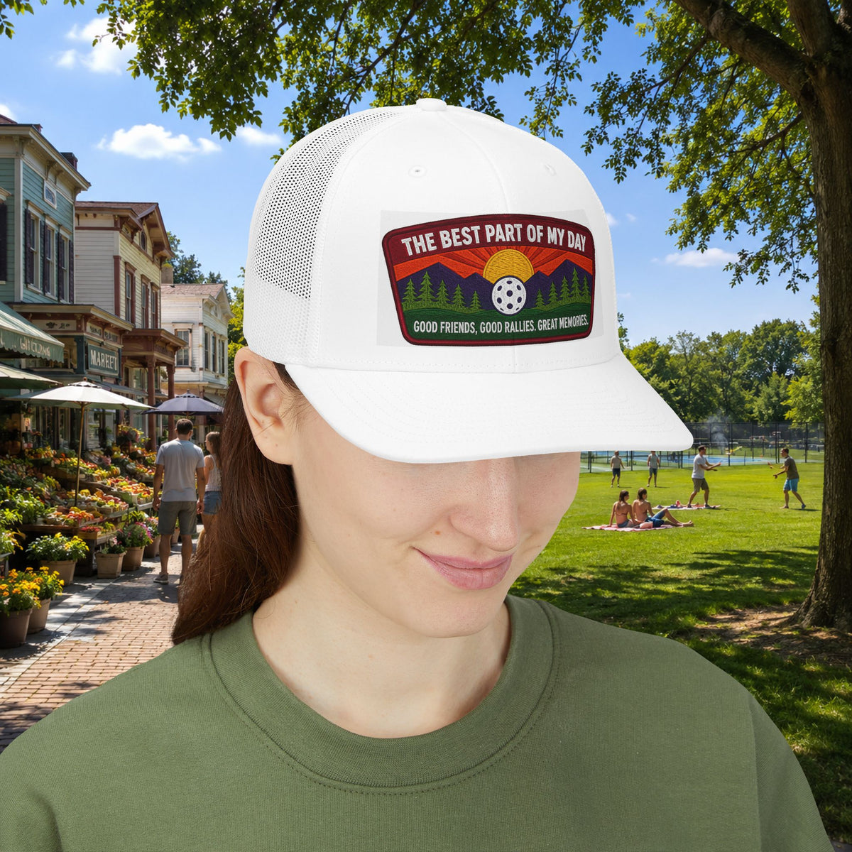 The Best Part of My Day Embroidered Pickleball Trucker Hat front female