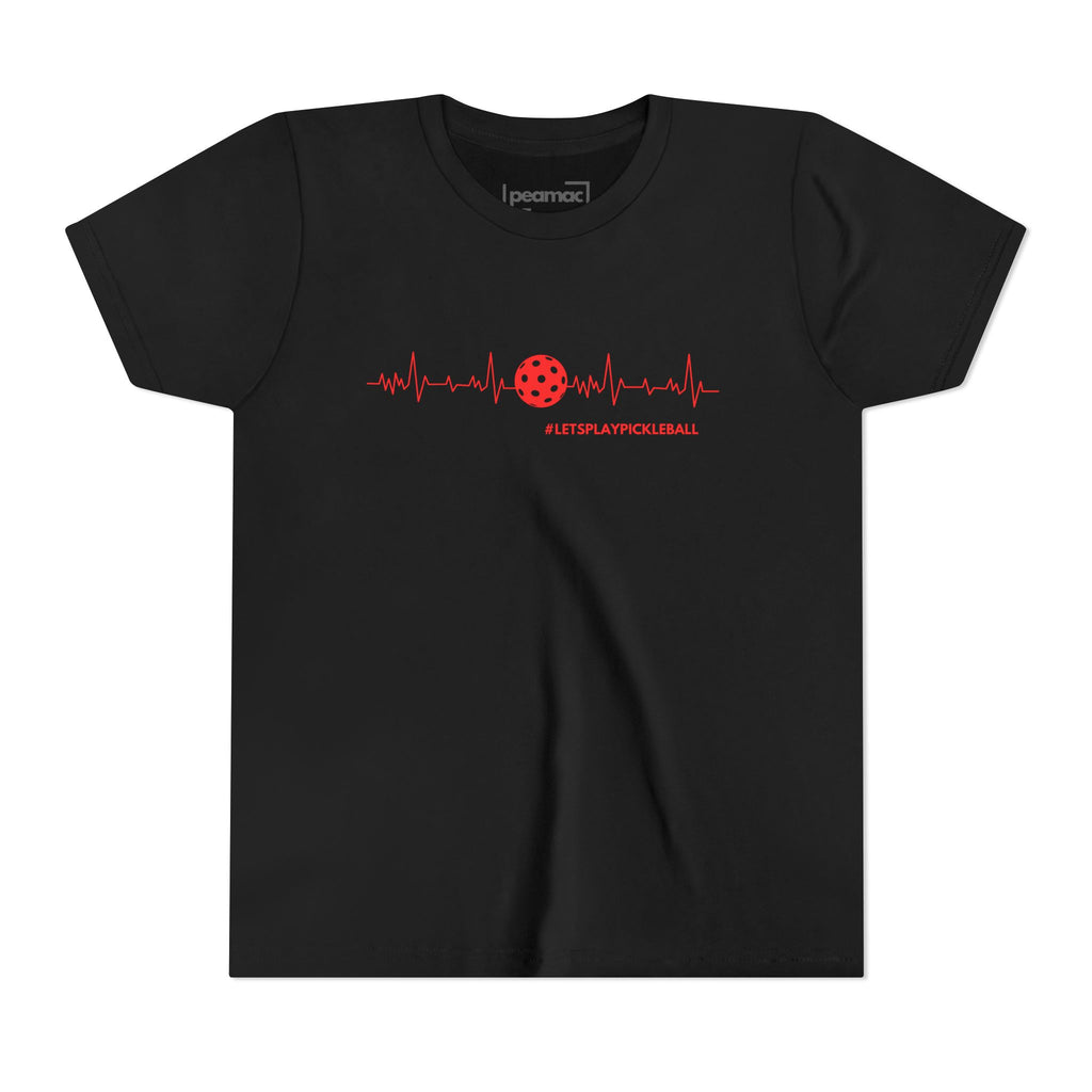 Kids' Pickleball T-shirt by Printify featuring a heartbeat design with "LET'S PLAY PICKLEBALL" text, colorful and casual.