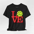 Neon pop art pickleball LOVE T-shirt by Printify, featuring vibrant graphic design and comfortable fit for casual wear.
