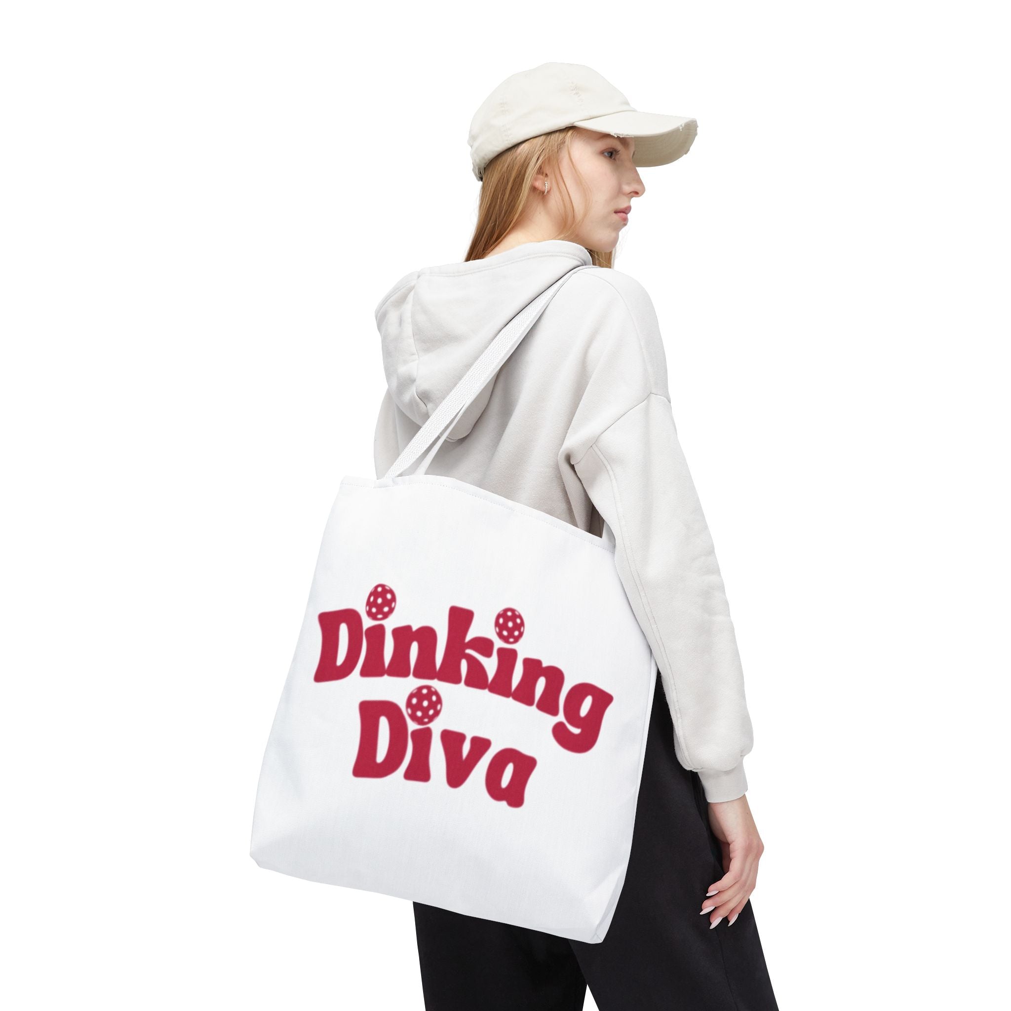 Large Printify Pickleball Dinking Diva tote bag, 18x18 inches, spacious sustainable accessory for gear storage.