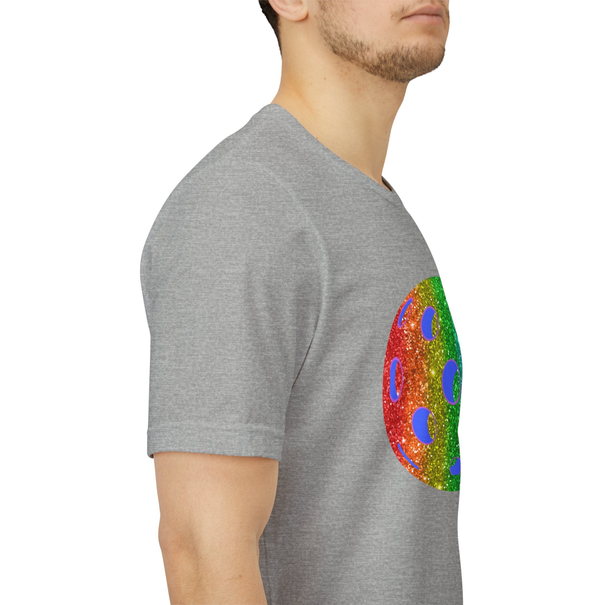 Rainbow glitter pickleball pride t-shirt featuring a colorful design, celebrating LGBTQ+ pride with a vibrant, sparkly print.