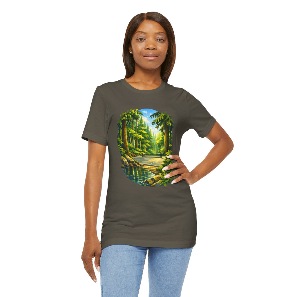 Unisex Hidden Forest Pickleball T-Shirt with Bainbridge Island Tribute design, featuring forest graphic on comfortable cotton tee.