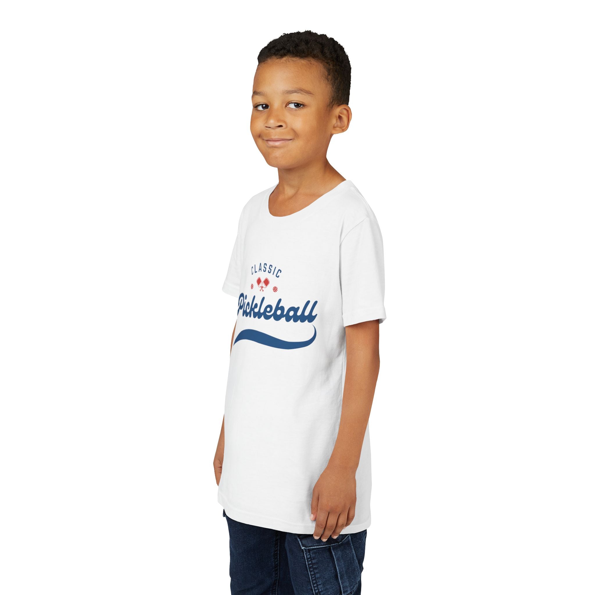 Kids retro pickleball T-shirt by Printify, featuring a colorful vintage-inspired design for boys and girls, made of comfortable cotton.