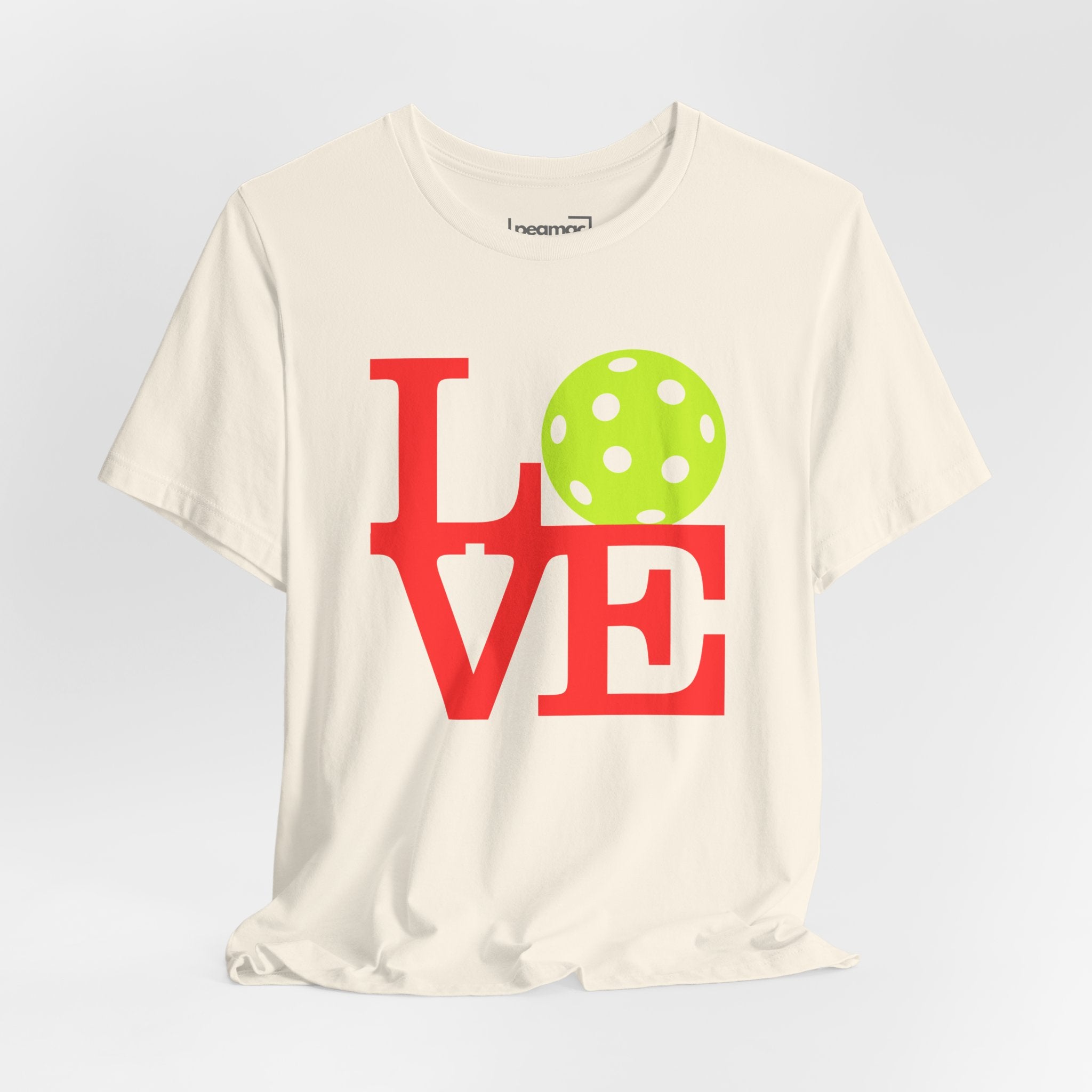 Neon pop art LOVE Pickleball T-shirt by Printify featuring vibrant colors and bold design on a casual premium cotton tee.