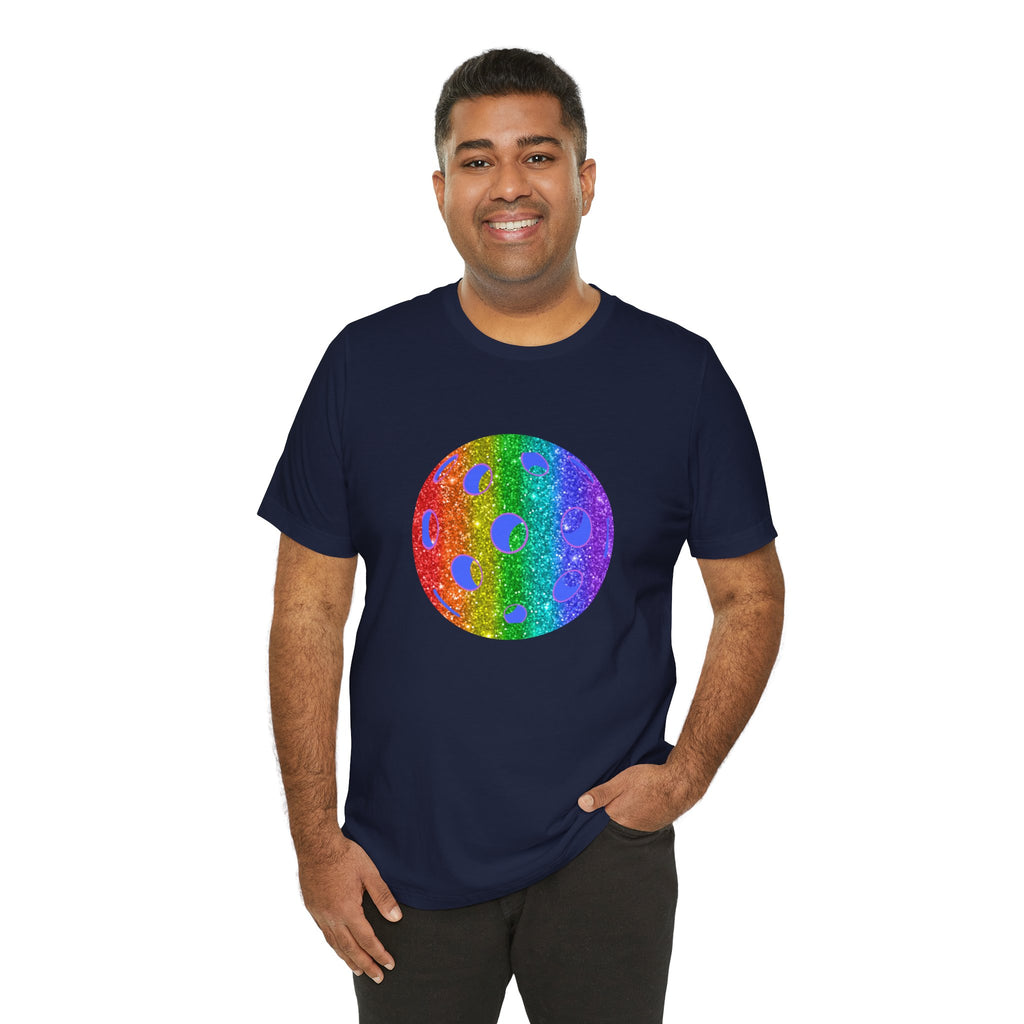 Rainbow glitter pickleball Pride T-shirt by Printify featuring colorful print and bold lettering, perfect for pride and pickleball enthusiasts.