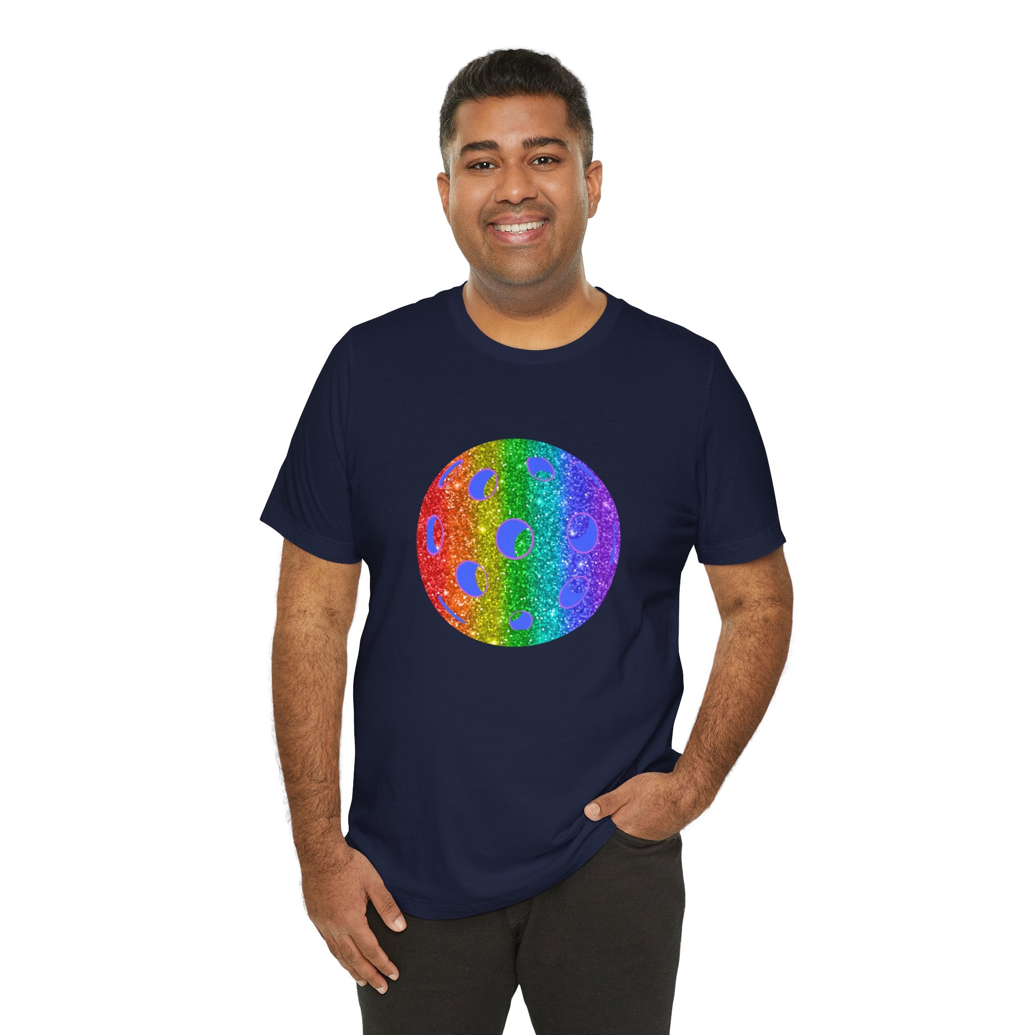 Rainbow glitter pickleball Pride T-shirt by Printify featuring colorful print and bold lettering, perfect for pride and pickleball enthusiasts.