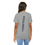 Women's retro-inspired pickleball T-shirt with a vertical "PICKLEBALL" back print, by Printify.
