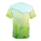 Unisex Pickleball Summer Breeze Tee with green leaf wave all-over print, moisture-wicking fabric, designed for active wear.