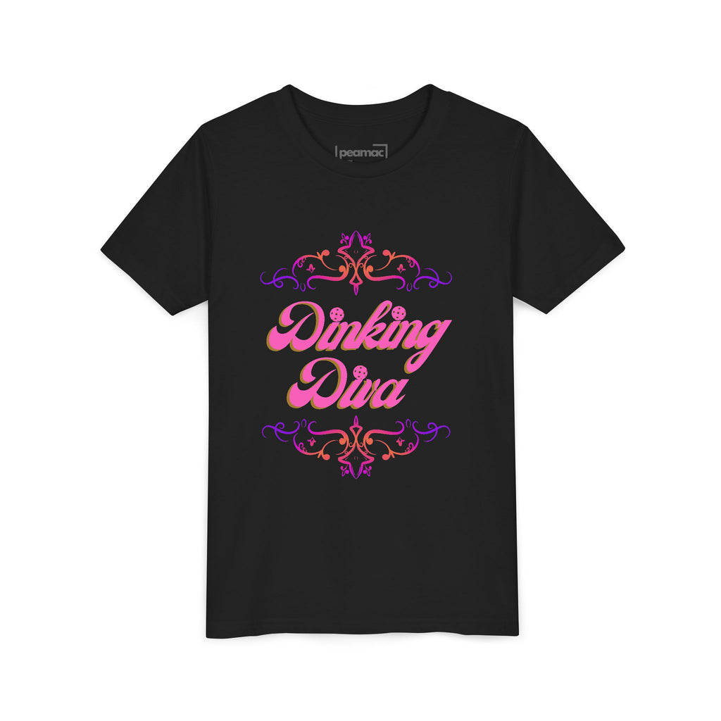 Pink Dinking Diva youth pickleball t-shirt for kids, featuring a fun pink filigree pickleball design by Printify.