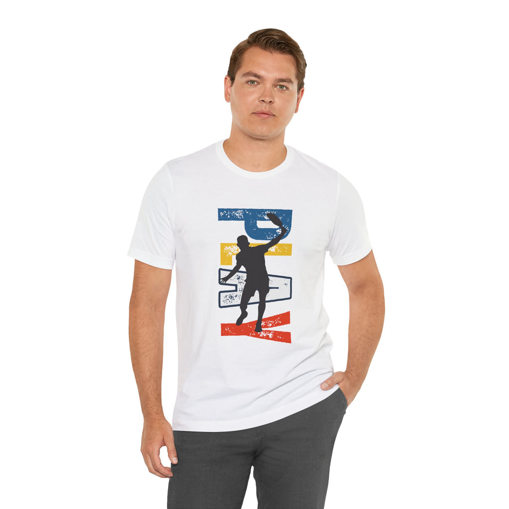 Men's Retro Pickleball Action Tee featuring a dynamic front silhouette and vertical 'PICKLEBALL' text on the back.