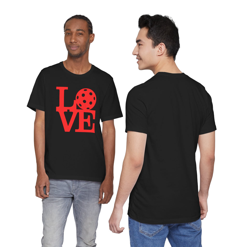 Red Pop Art LOVE Pickleball graphic T-shirt by Printify featuring bold, colorful pickleball-themed design on a casual T-shirt.