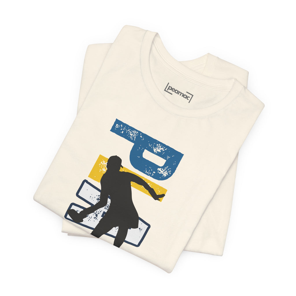 Women's retro-inspired pickleball T-shirt with vertical 'PICKLEBALL' back print, by Printify, casual athletic wear.