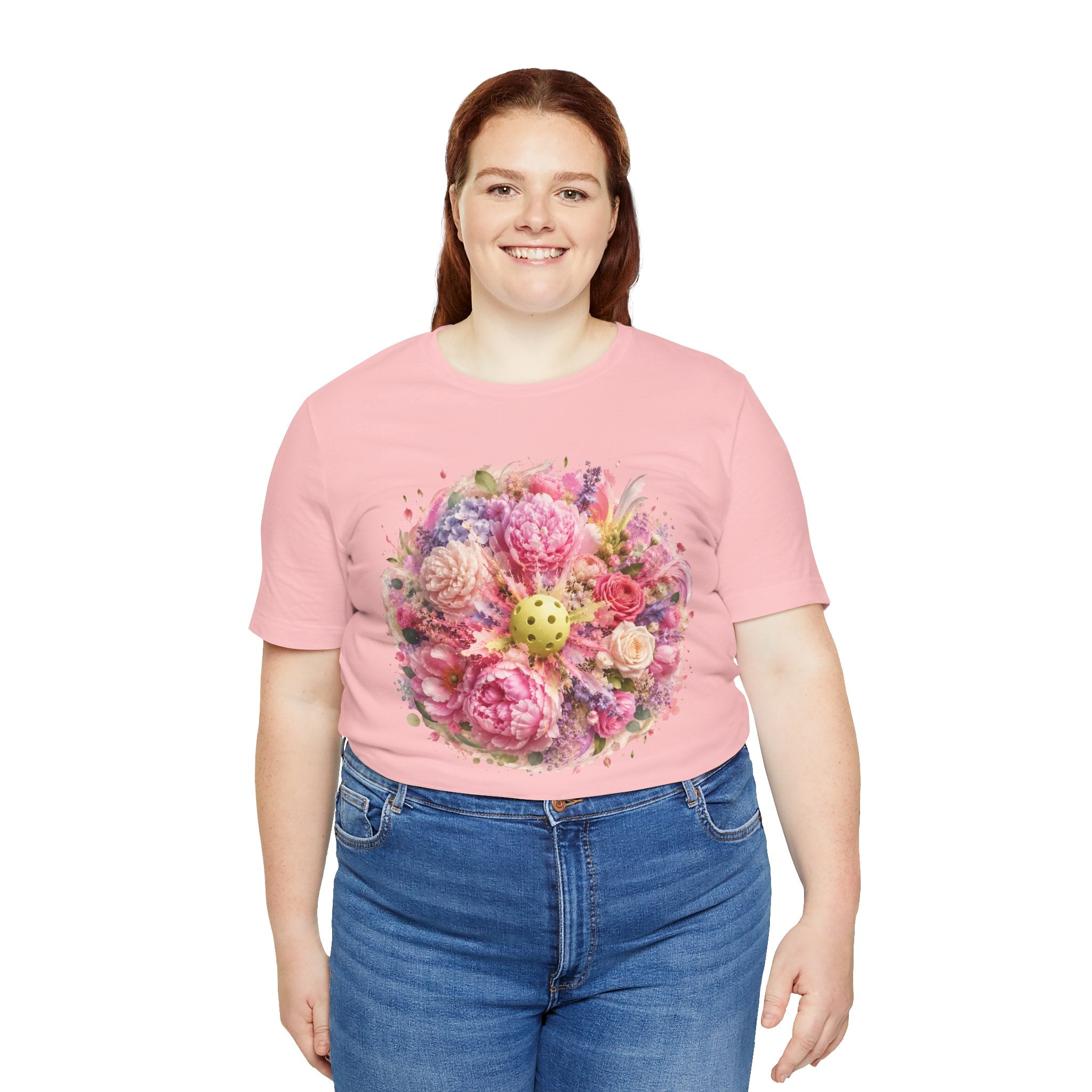 Unisex Peony Pickleball T-Shirt by Printify made of premium cotton, featuring a colorful peony pickleball design on a comfortable tee.