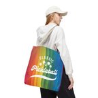 Colorful Pickleball Classic Rainbow tote bag with crossed paddles script design, ideal for sports and casual outings.