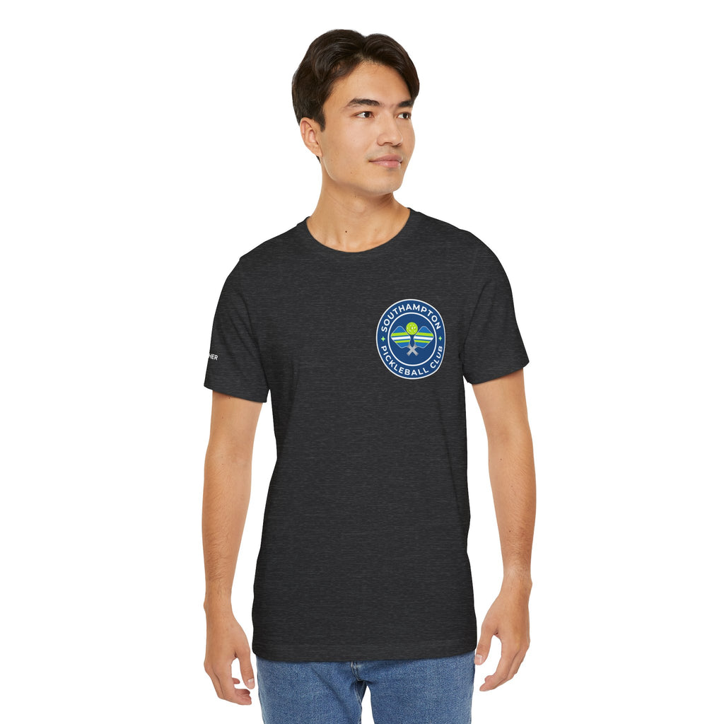 Personalized pickleball T-shirt by Printify featuring custom name sleeve, club logo, and pickleball graphic on the back.