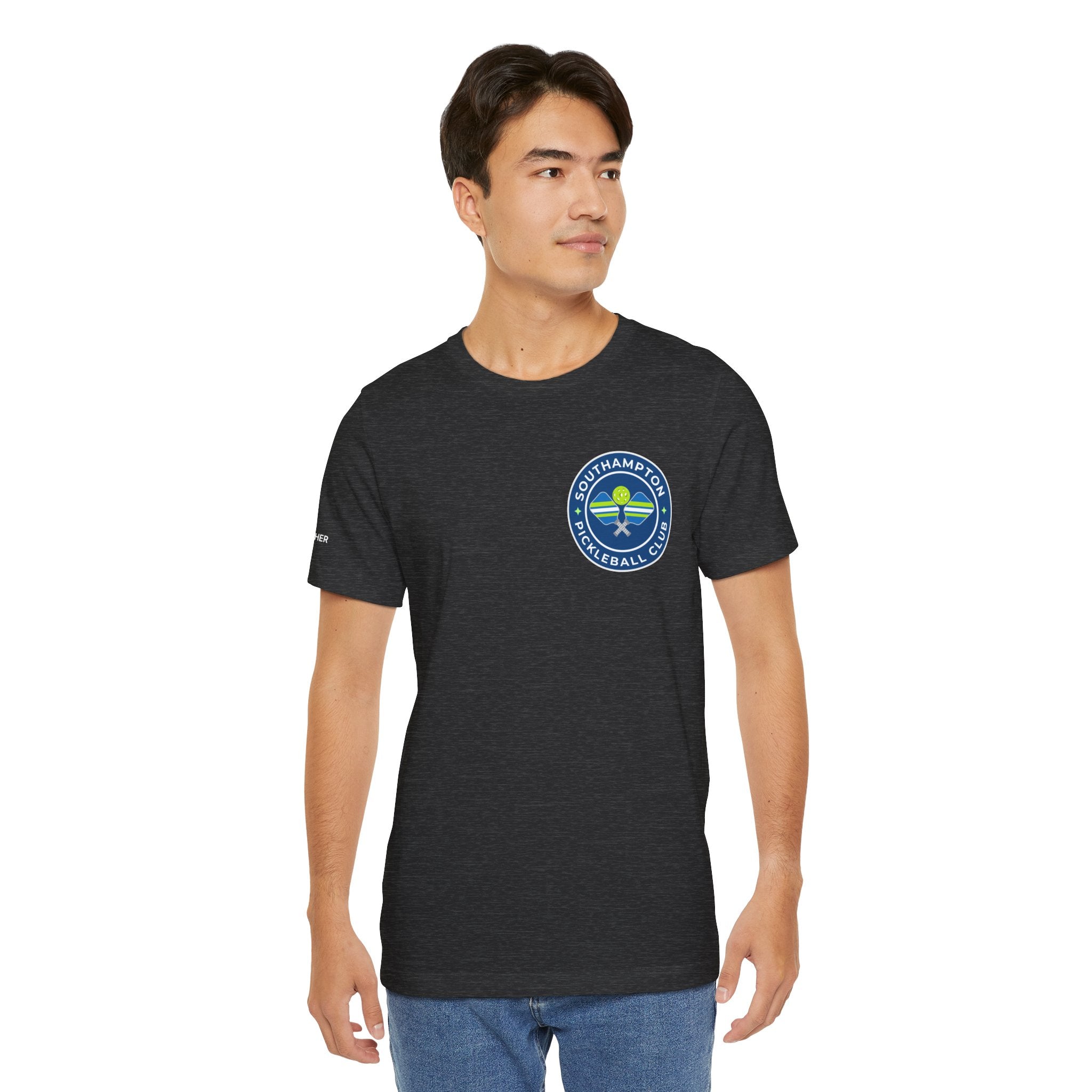 Personalized pickleball T-shirt by Printify featuring custom name sleeve, club logo, and pickleball graphic on the back.