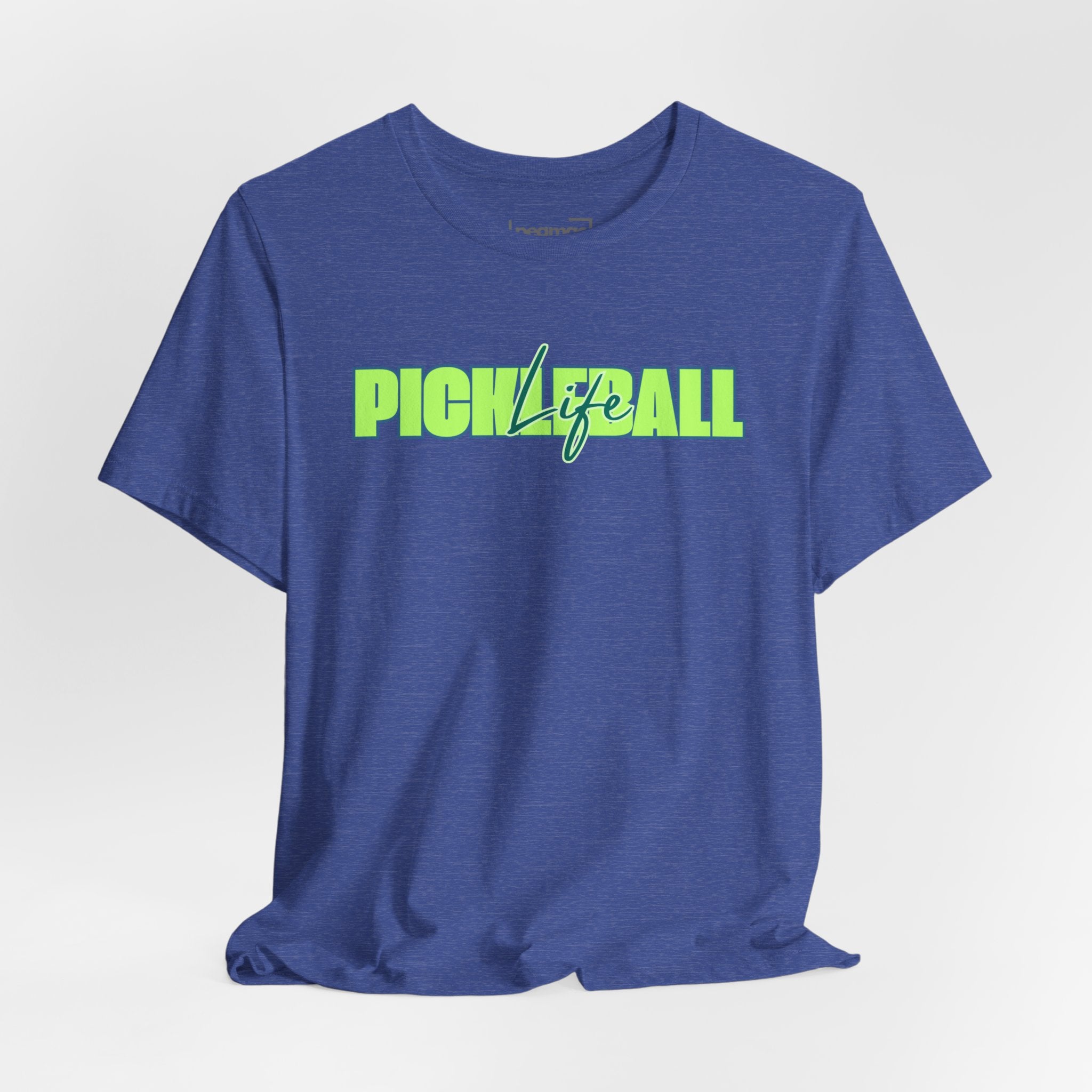 Unisex Pickleball Life graphic T-shirt in bold green and blue with pickleball design, made by Printify.