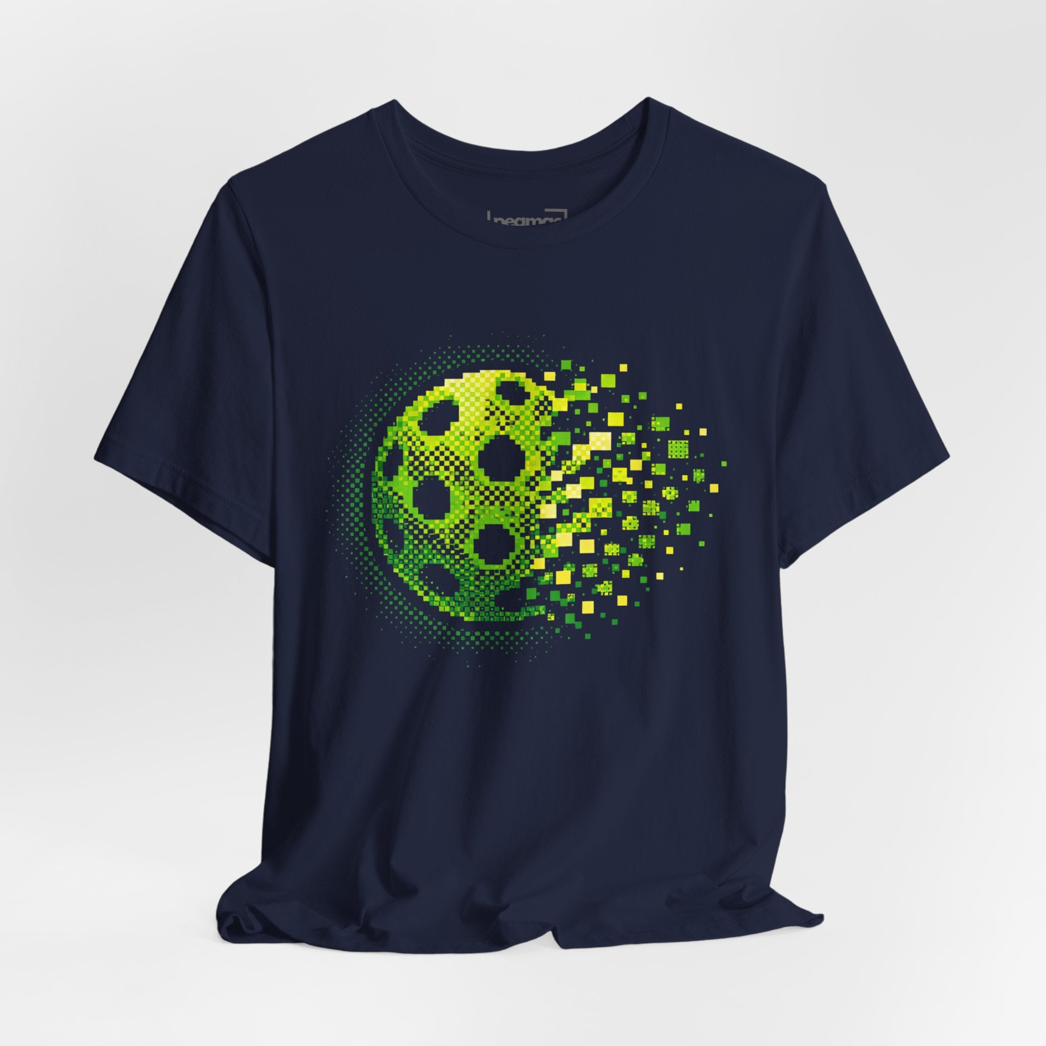 Green Pixelated Pickleball Tee featuring retro court graphic, casual T-shirt by Printify with vibrant, playful design.