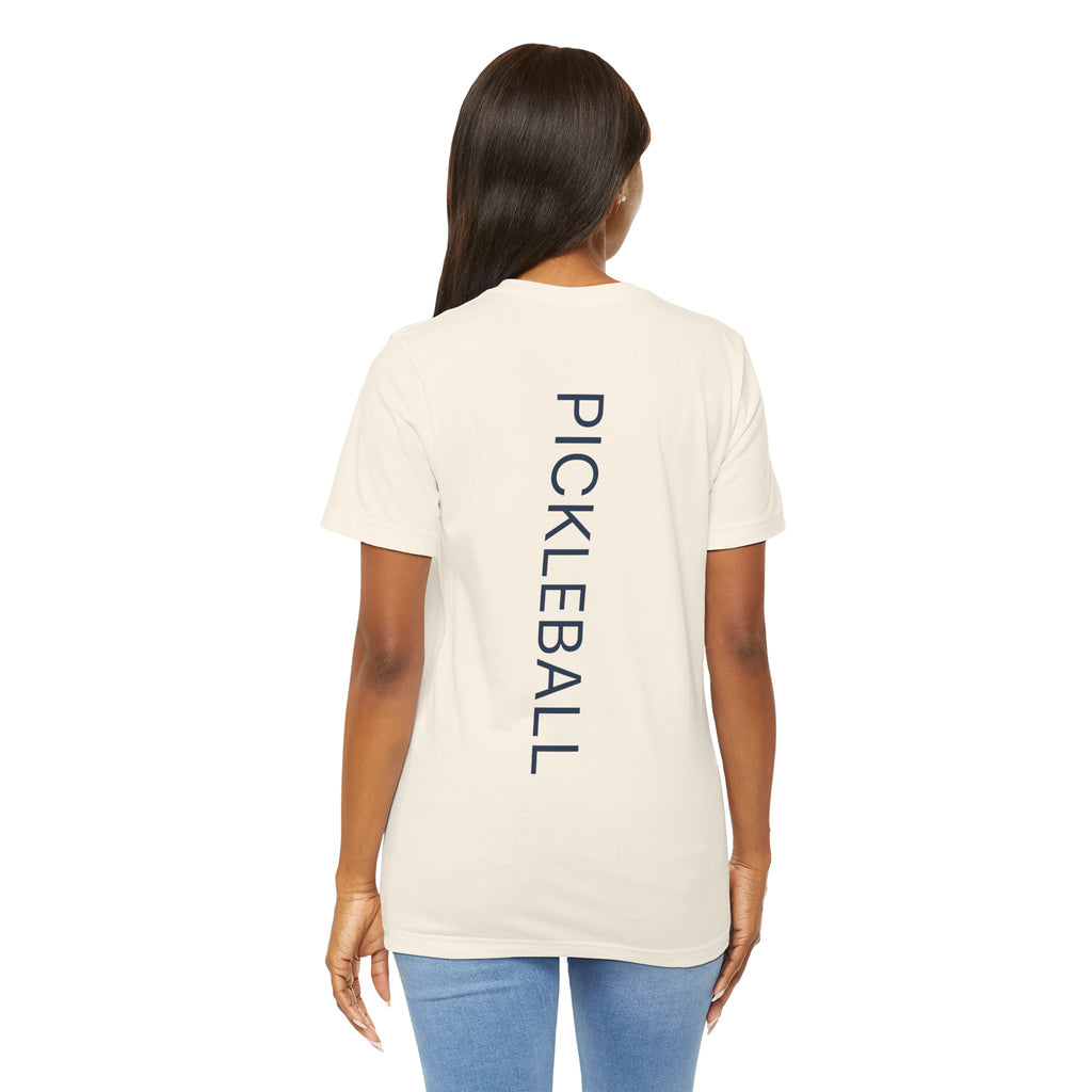 Personalized pickleball T-shirt with custom name and club logo on paddle graphic, casual sportswear by Printify