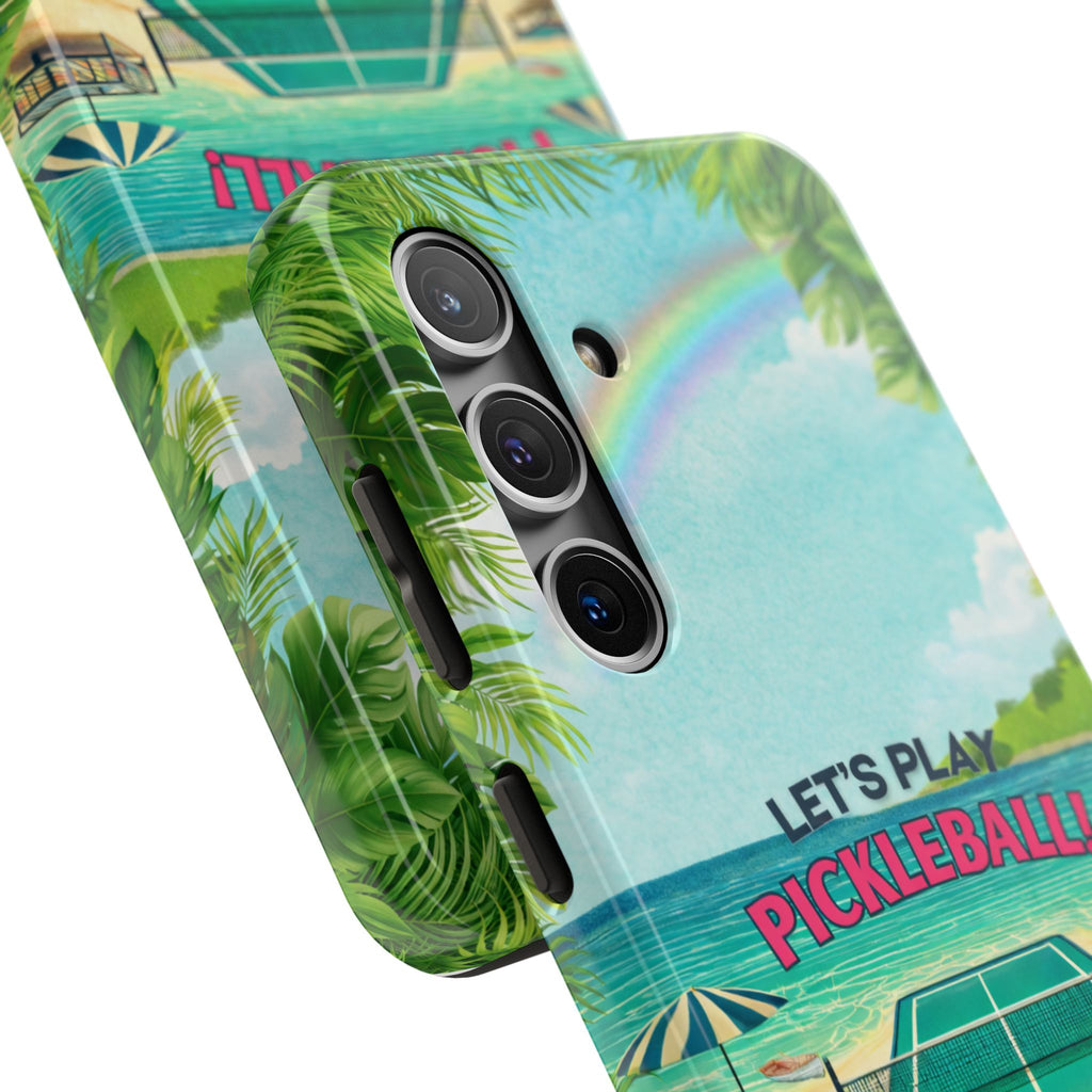 Let's Play Pickleball Tropical Tough Phone Case by Printify, featuring a colorful beach court design for iPhone and Android phones.