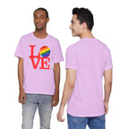Rainbow LOVE Pickleball Pride T-shirt, unisex LGBTQ2 rainbow T-shirt by Printify with colorful love graphic on front.