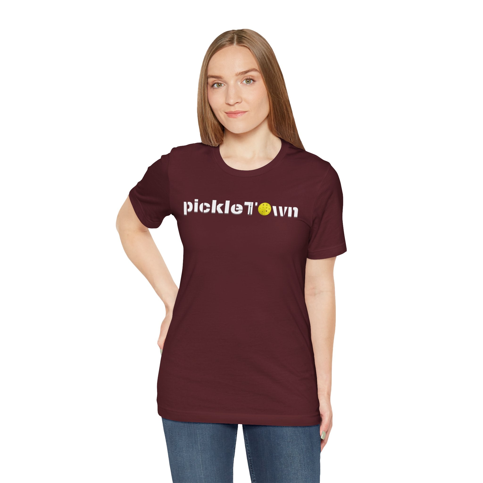 Toronto PickleTOwn T-Shirt featuring CN Tower and Pickleball ‘O’ logo, casual printify branded tee showing the design clearly
