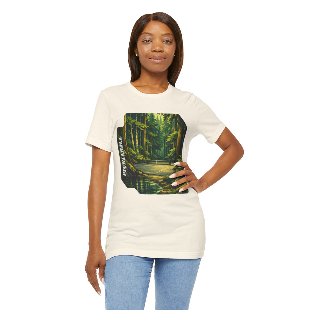 Unisex Hidden Forest Pickleball T-Shirt by Printify featuring Bainbridge Island tribute design, casual fit, and forest-themed graphics.