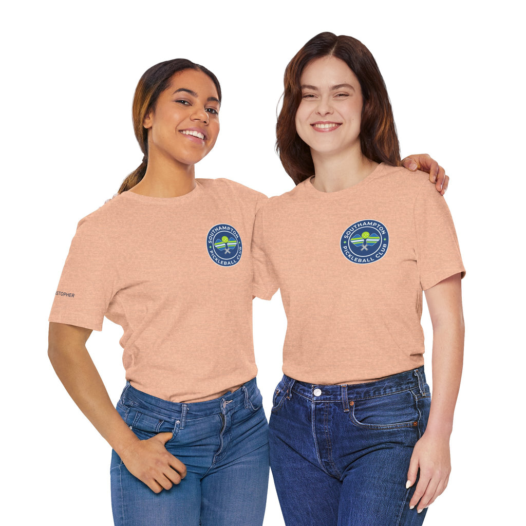 Personalized pickleball T-shirt by Printify with custom name on sleeve, club logo, and pickleball graphic on the back.