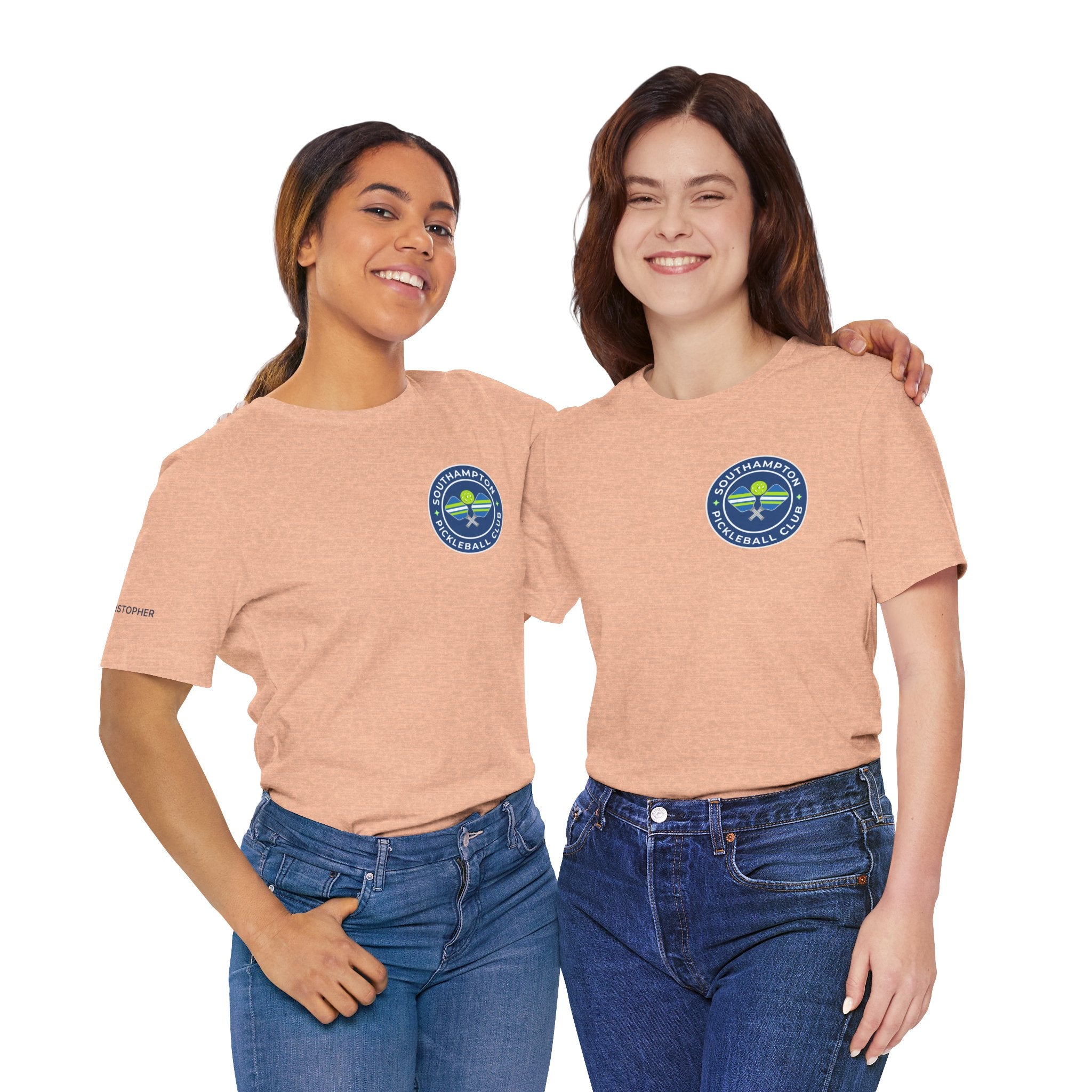 Personalized pickleball T-shirt by Printify with custom name on sleeve, club logo, and pickleball graphic on the back.