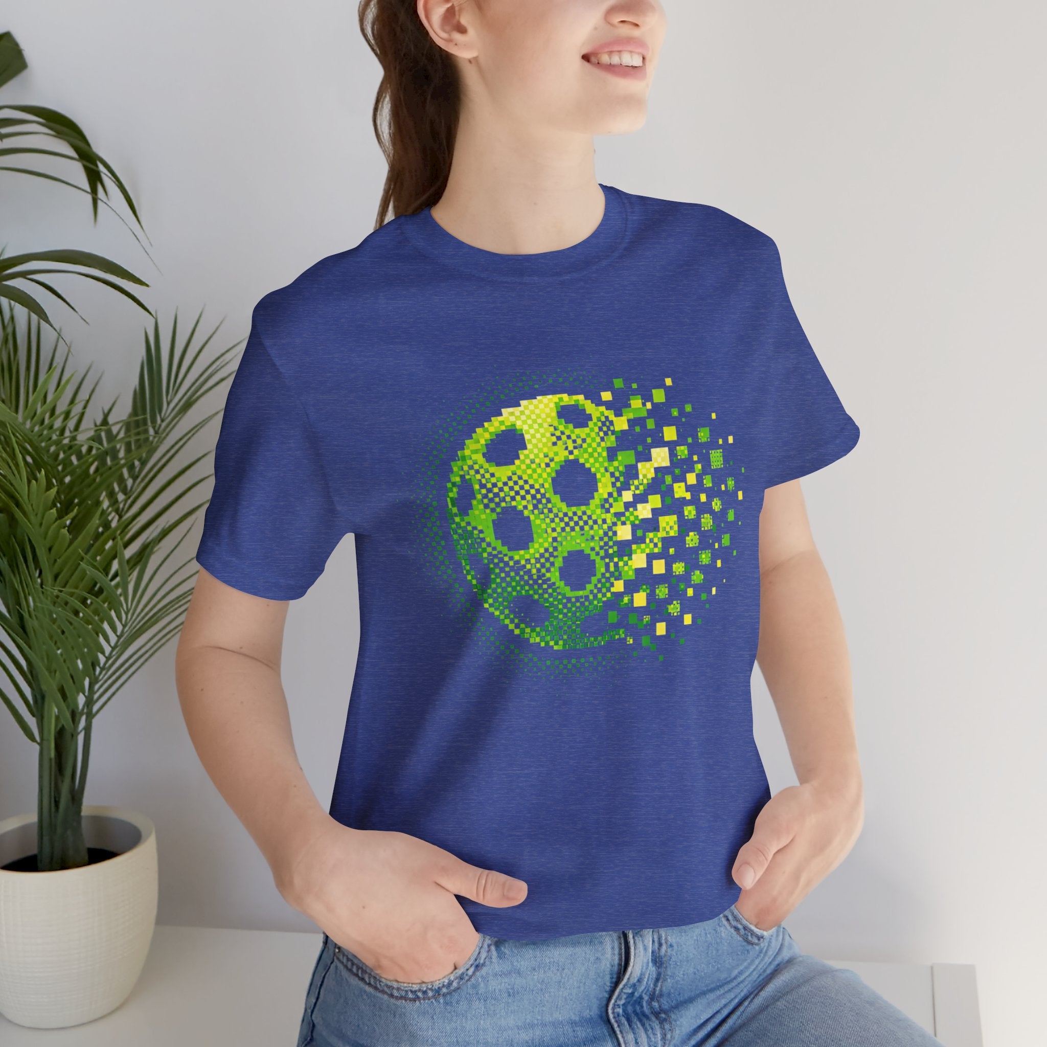 Green Pixelated Pickleball Tee with retro court graphic, casual T-shirt by Printify, featuring a colorful pickleball design.