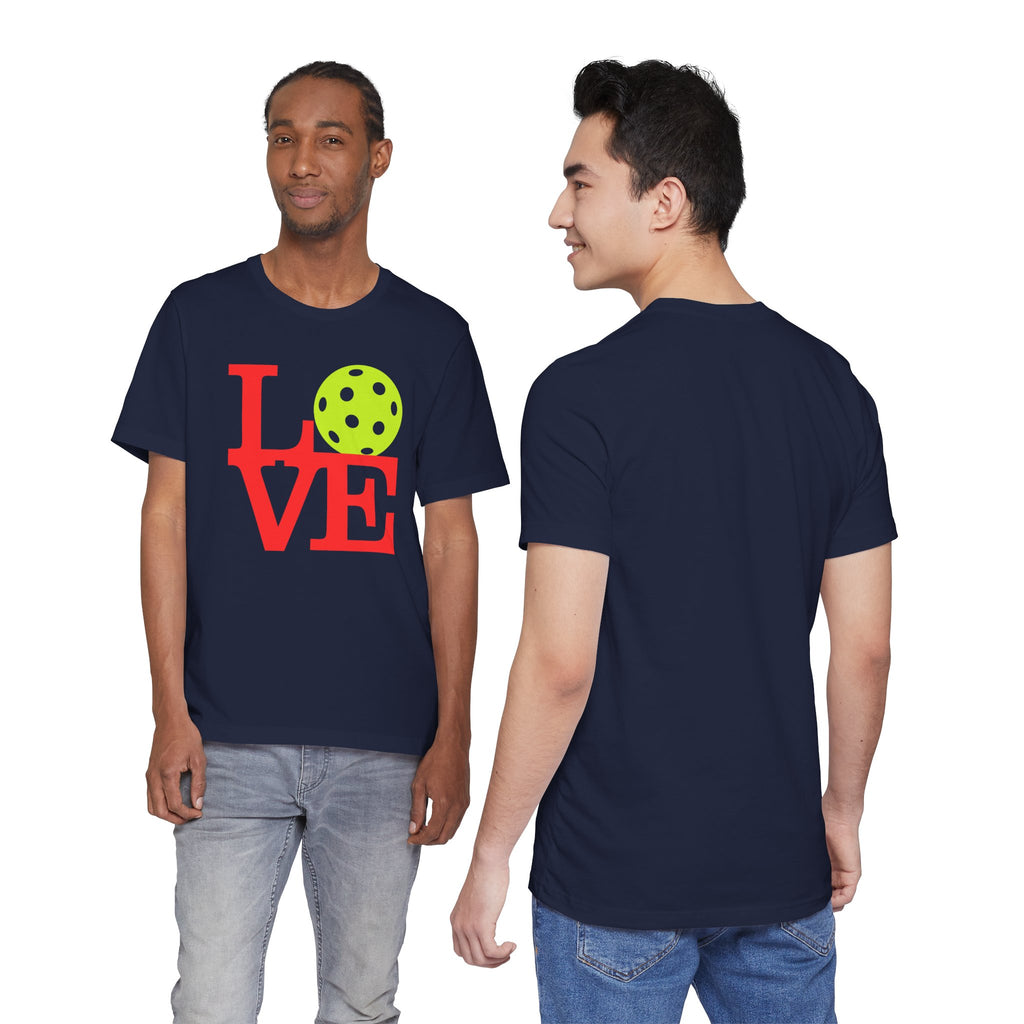 Neon pop art LOVE pickleball T-shirt by Printify, vibrant graphic design on a premium cotton T-shirt perfect for pickleball fans.
