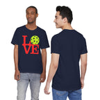 Neon pop art LOVE pickleball T-shirt by Printify, vibrant graphic design on a premium cotton T-shirt perfect for pickleball fans.