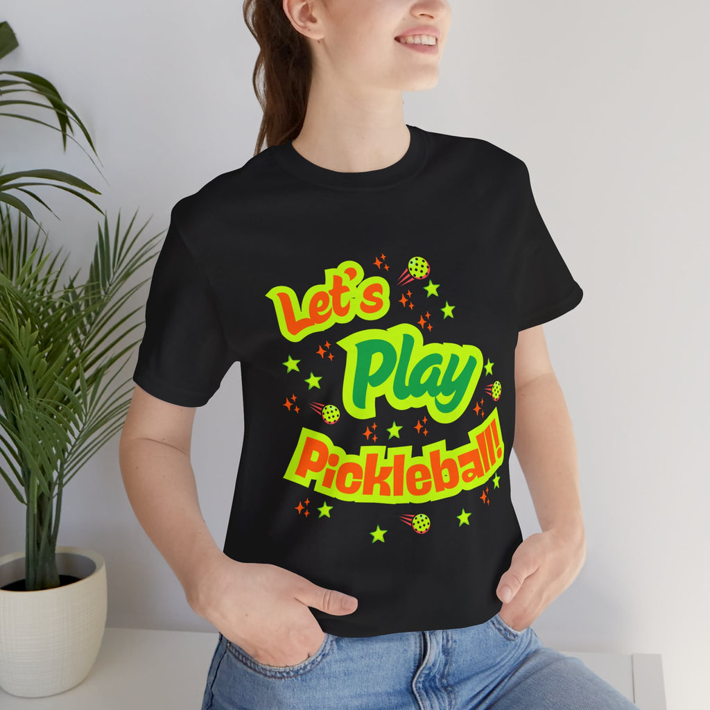 Neon orange and electric green pickleball rally t-shirt with court graphic from Printify, casual athletic wear for sports enthusiasts.