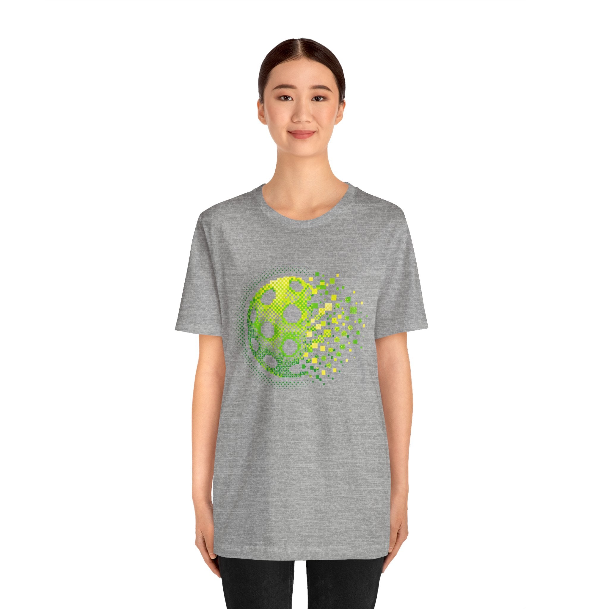 Green Pixelated Pickleball Tee with retro court graphic, casual T-shirt by Printify featuring vibrant pickleball design.