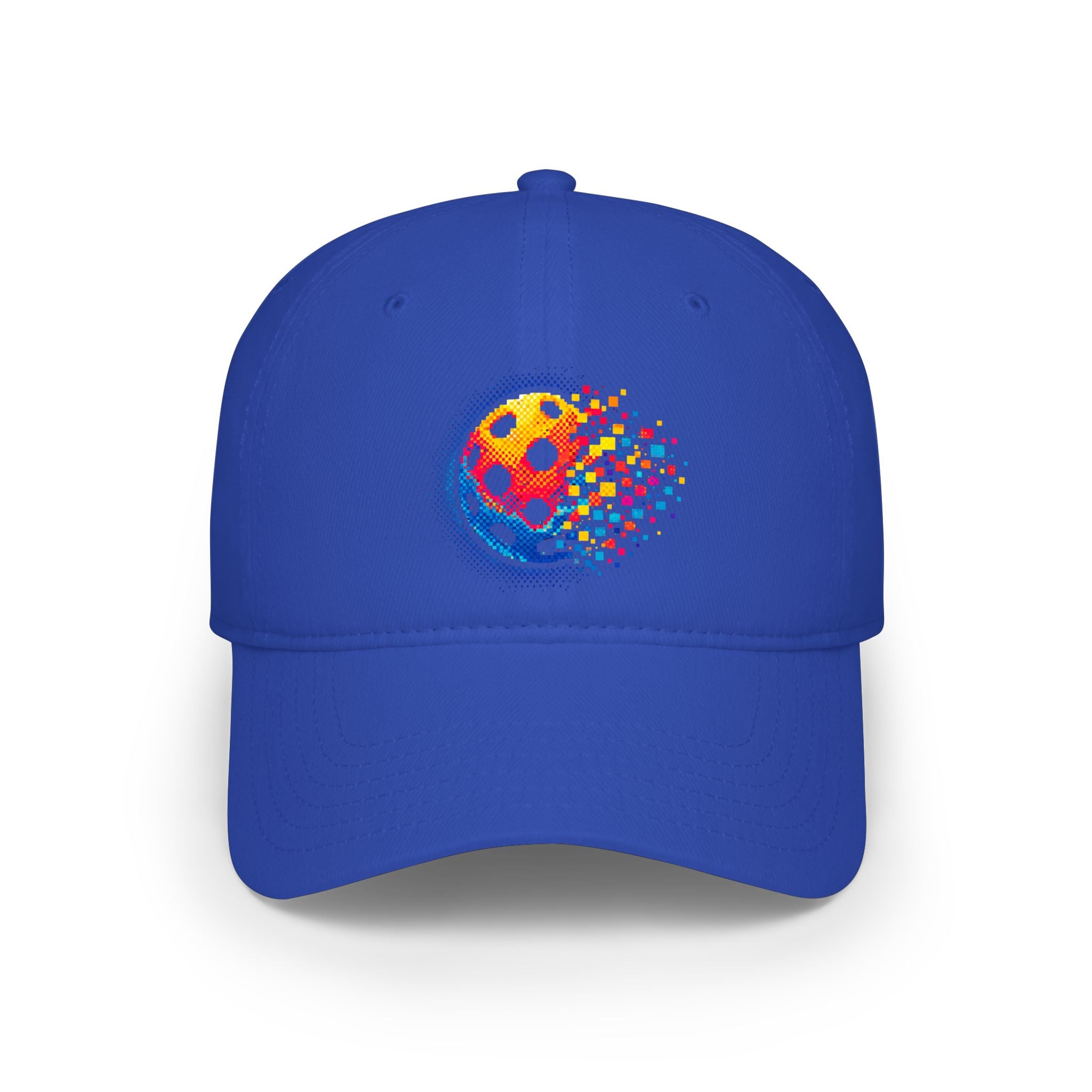 Pixelated Pickleball Cap, low profile cotton baseball hat by Printify, featuring a pixelated pickleball design in vibrant colors.