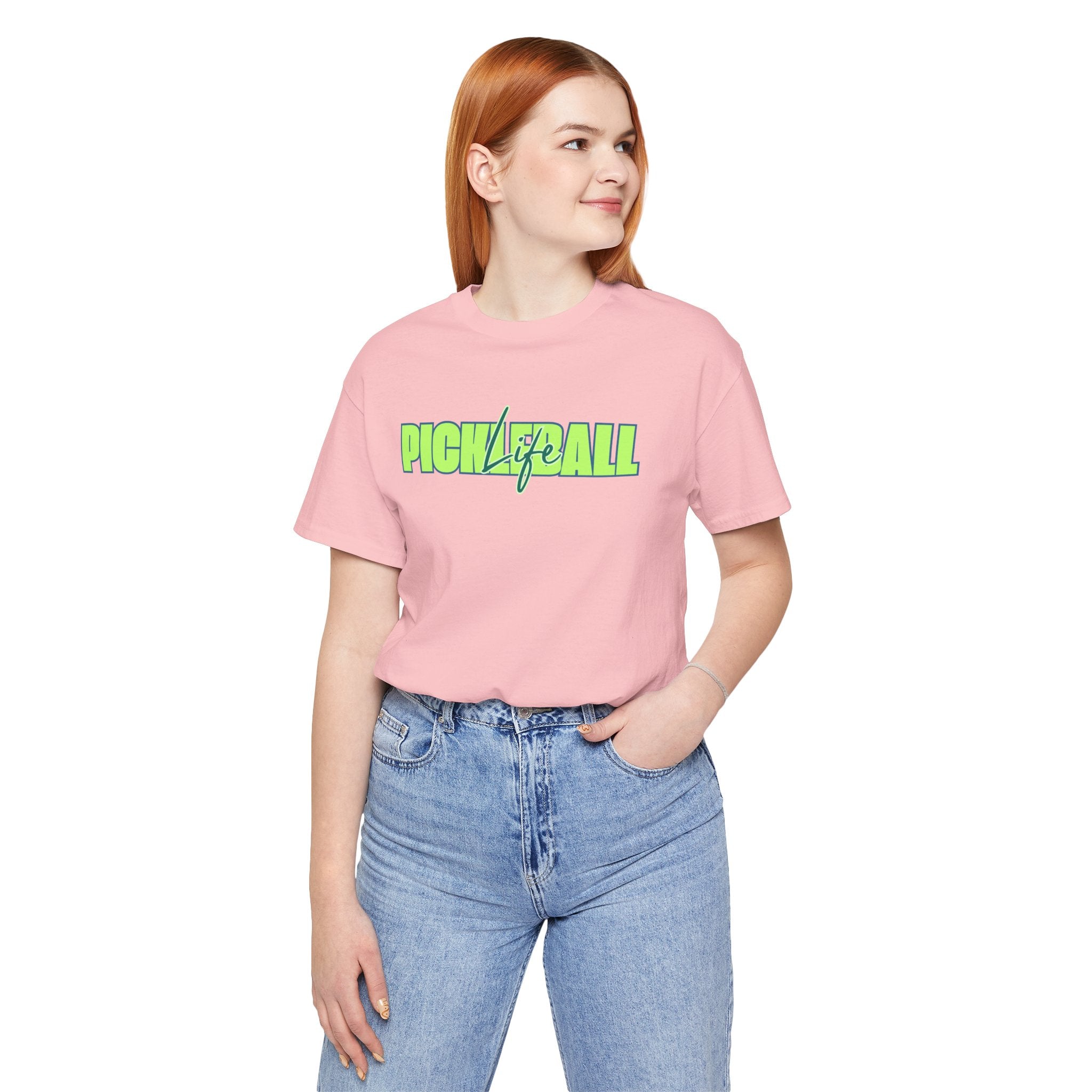 Unisex Pickleball Life T-Shirt with bold green and blue graphic print, casual cotton tee by Printify.