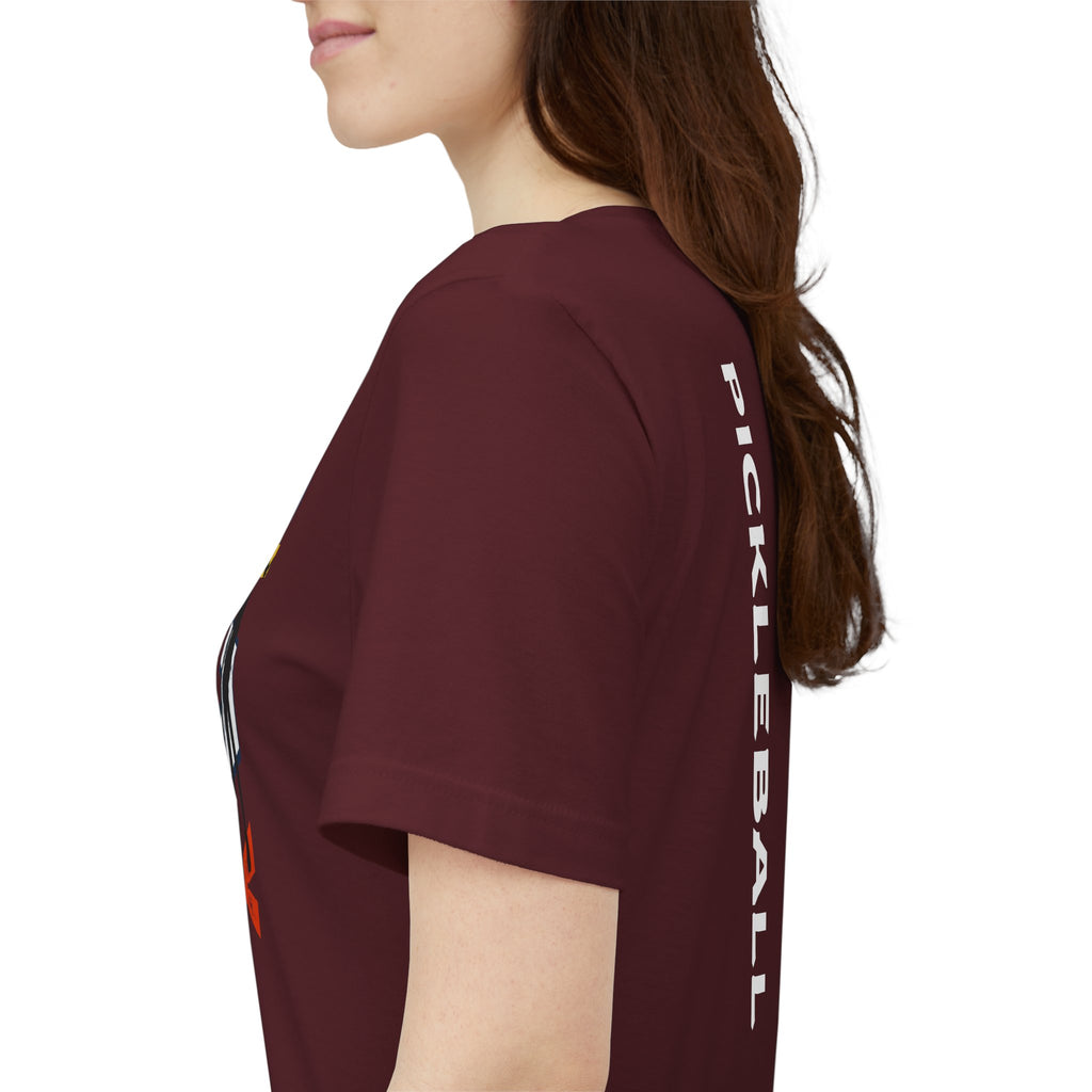 Women's retro-inspired pickleball T-shirt with vertical "PICKLEBALL" back print, from Printify, casual sportswear.