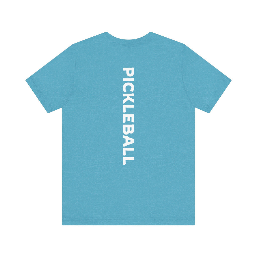 Men's Retro Pickleball Action T-Shirt with front silhouette and vertical "PICKLEBALL" text on back, by Printify.