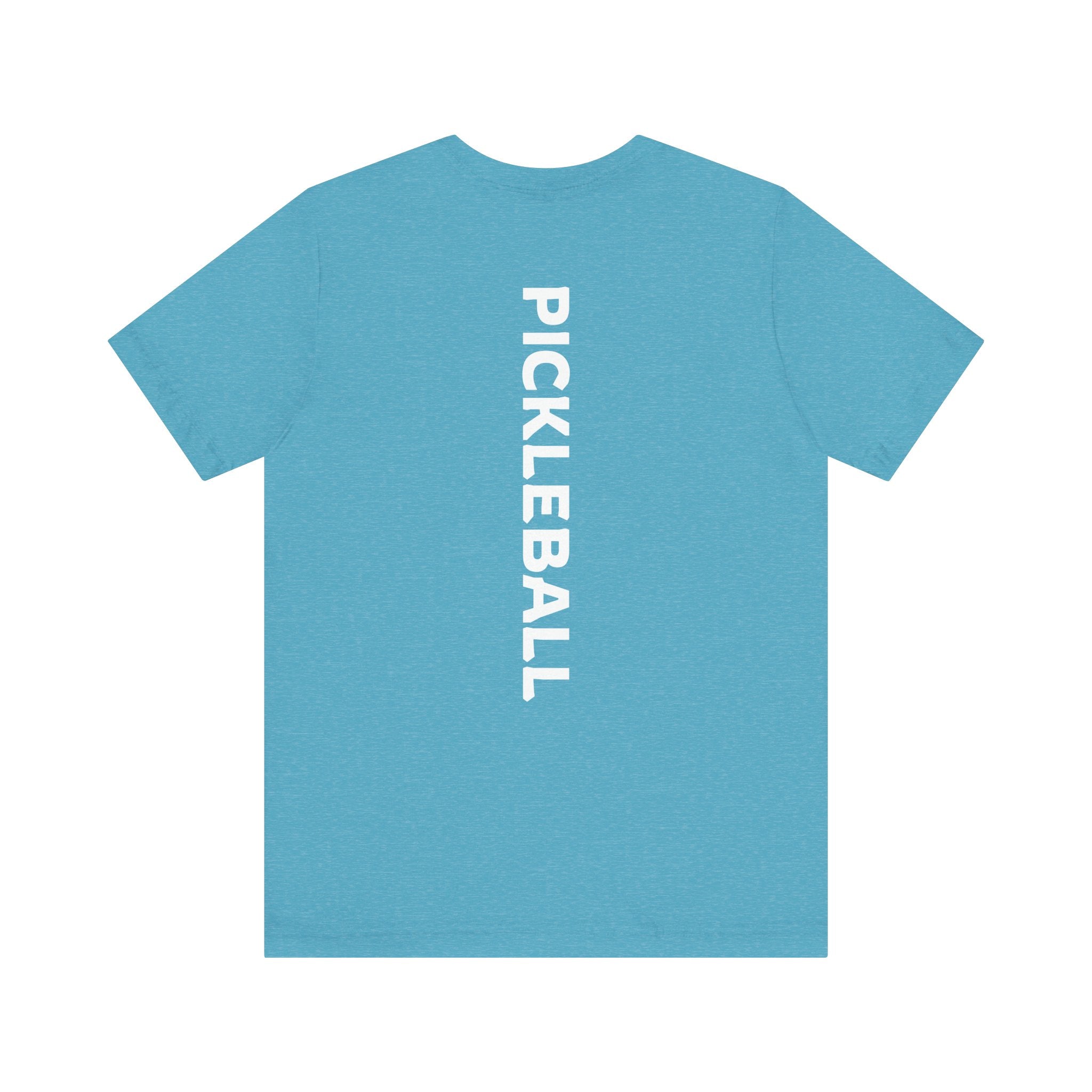 Men's Retro Pickleball Action T-Shirt with front silhouette and vertical "PICKLEBALL" text on back, by Printify.