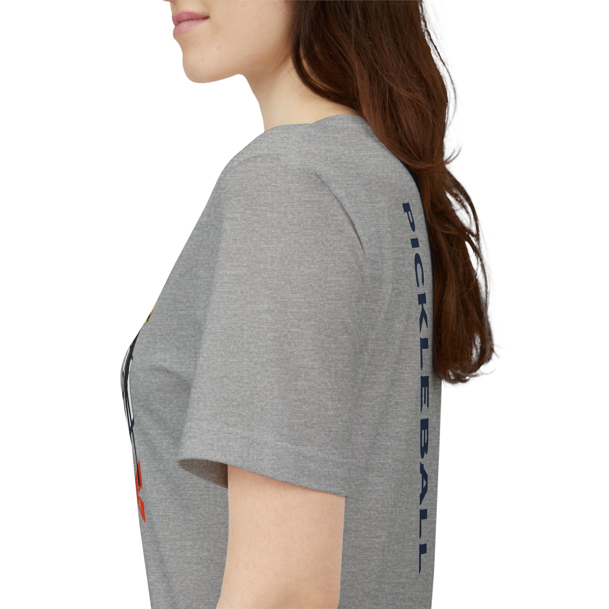 Women's retro-inspired pickleball T-shirt with vertical "PICKLEBALL" back print, made by Printify.