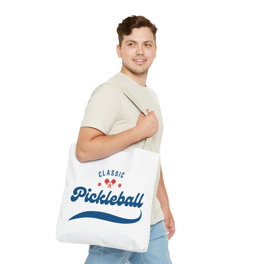 Large Pickleball tote bag by Printify, red and blue, rugged 18x18-inch bag for gear with spacious shoulder design