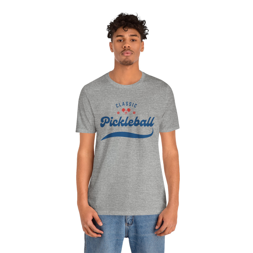 Red and blue pickleball T-shirt with paddle and ball graphic, classic script design, made by Printify