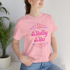 Pink Dinking Diva Pickleball T-shirt with filigree design, athletic fit, and bold print, perfect for pickleball enthusiasts.