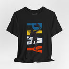 Men's Retro Pickleball Action T-Shirt by Printify featuring a dynamic front silhouette and vertical 'PICKLEBALL' text on the back.