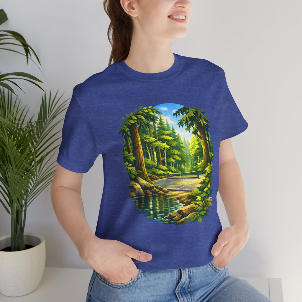 Unisex Hidden Forest Pickleball T-Shirt featuring a Bainbridge Island tribute design on a comfortable cotton tee.